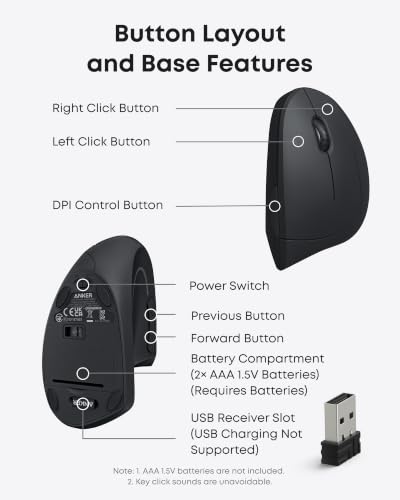 Anker 2.4G Wireless Ergonomic Mouse, Right Hand Vertical Mouse USB Receiver
