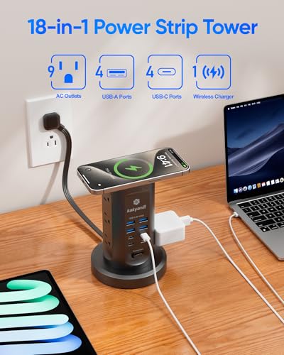 Kakyanill Power Strip Tower with 9 Outlets & 8 USB Ports