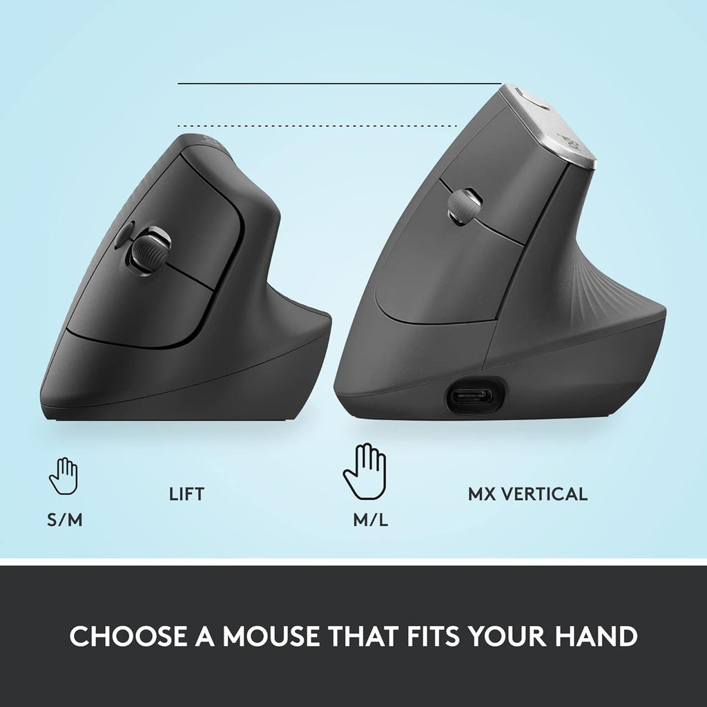 Logitech Lift Vertical Ergonomic Mouse, Wireless Bluetooth or USB Receiver, Quiet Clicks, 4 Buttons, Right Hand Wireless Mouse, Windows/macOS/iPadOS, Laptop, PC - Graphite, Pack of 4