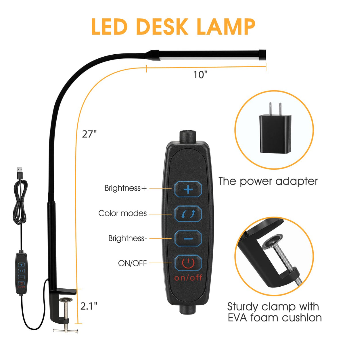 Voncerus LED Clamp Desk Lamp with 3 Modes & 10 Levels