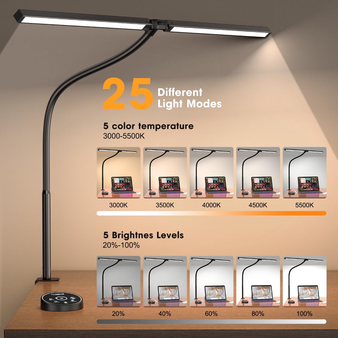 24W Dual-Monitor LED Desk Lamp with Clamp & 5 Color Modes