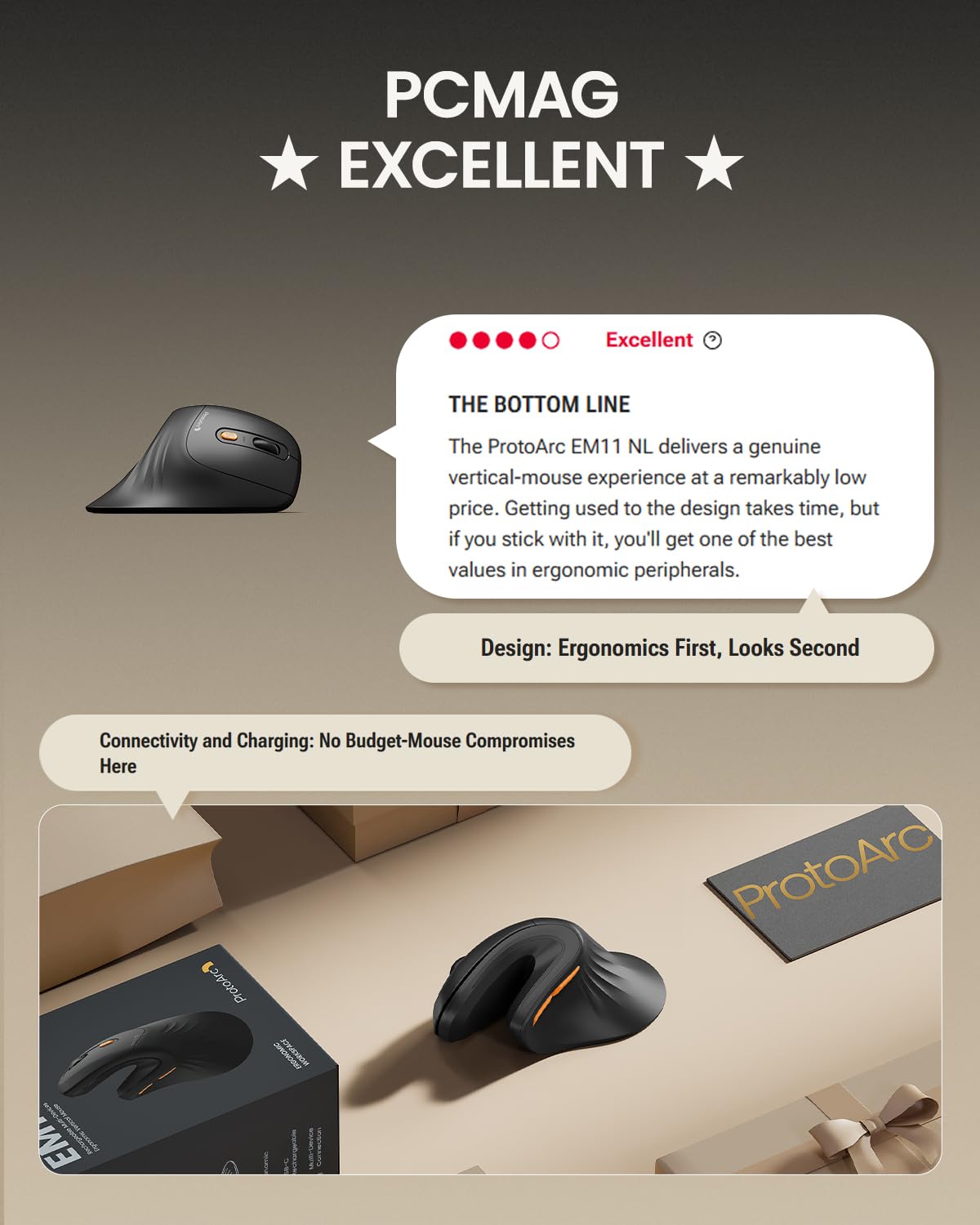 ProtoArc Vertical Mouse, EM11 NL Wireless Ergonomic Mouse, Rechargeable Optical Mice with Multi-Device (Bluetooth + Bluetooth + USB Connection), 3 Adjustable DPI for Computer, iPad, Mac, Windows