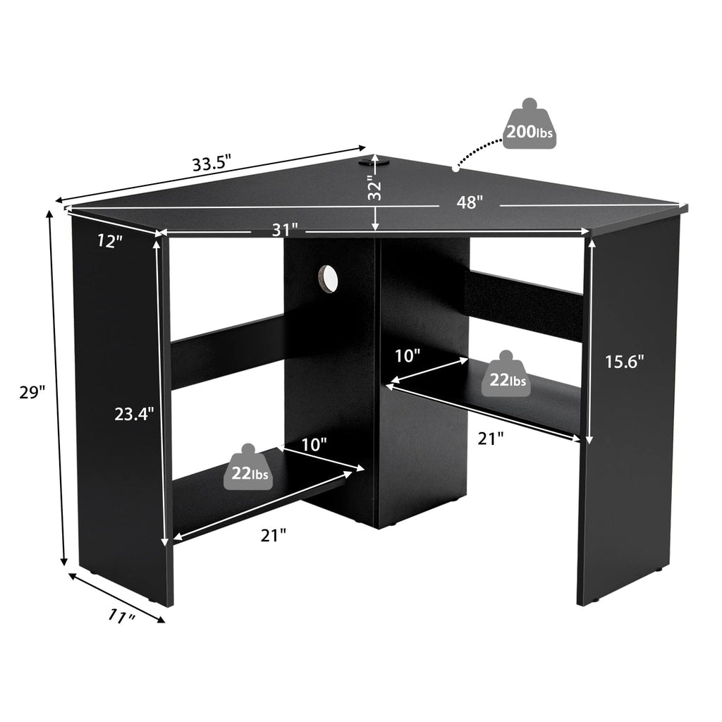 Tangkula Compact Corner Desk, Space Saving Wall Corner Study Desk w/Bookshelves, Cable Hole, Host Storage Shelf, 90° Triangle Writing Workstation for Limited Space