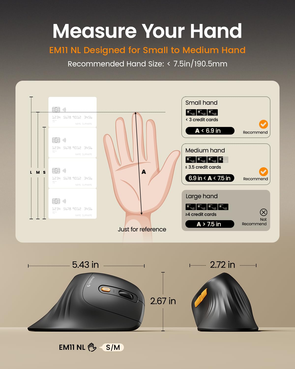 ProtoArc Vertical Mouse, EM11 NL Wireless Ergonomic Mouse, Rechargeable Optical Mice with Multi-Device (Bluetooth + Bluetooth + USB Connection), 3 Adjustable DPI for Computer, iPad, Mac, Windows