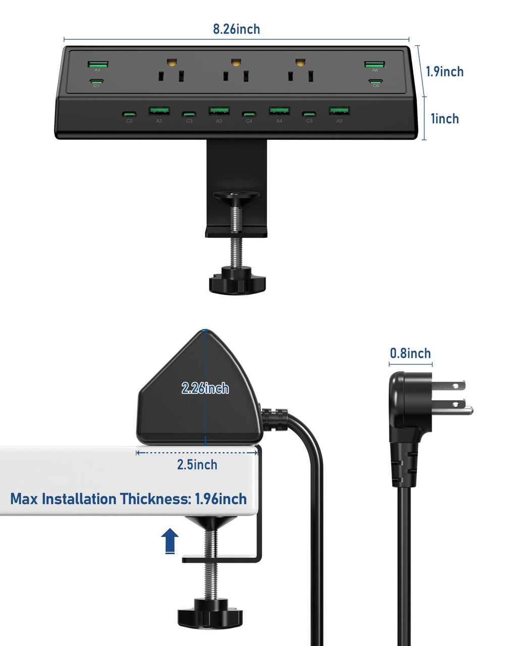 Desk Clamp Power Strip with 20W USB-C & 6-Foot Cord