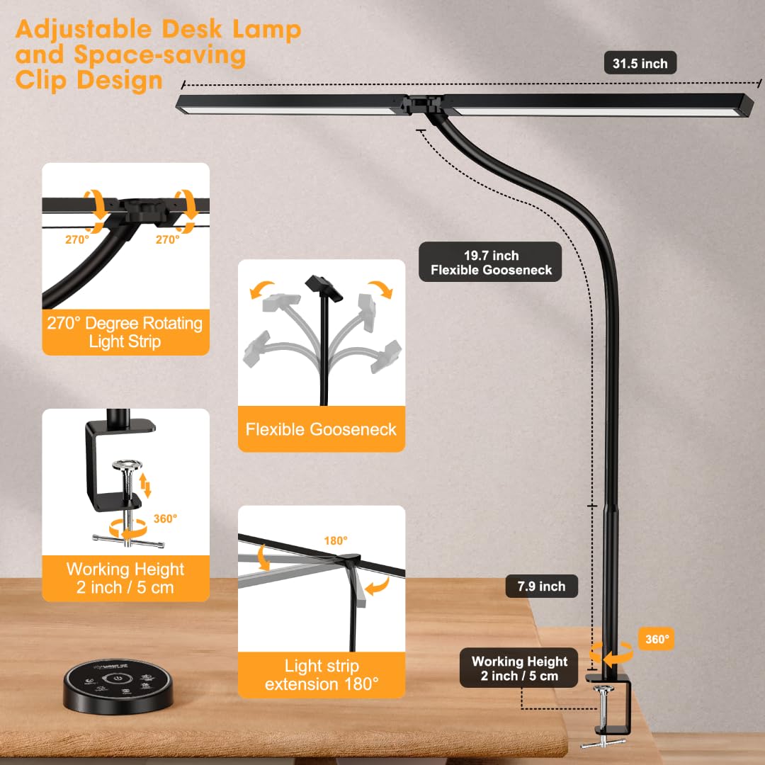 24W Dual-Monitor LED Desk Lamp with Clamp & 5 Color Modes