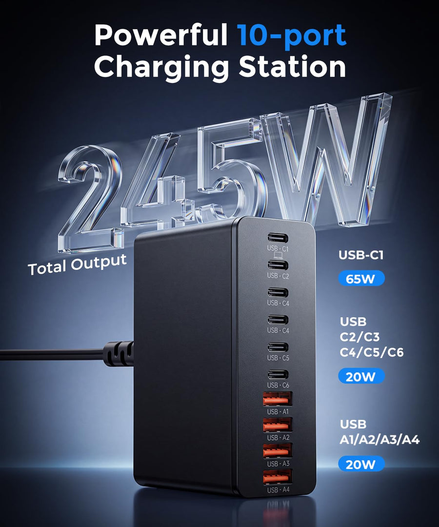 200W 10-Port GaN USB-C Charging Station for Multiple Devices