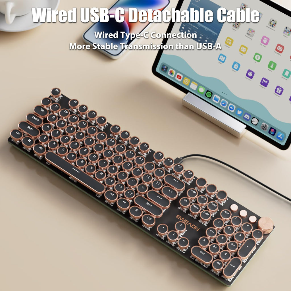 TISHLED Typewriter Style Mechanical Gaming Keyboard White LED Backlit 104-Key NKRO Retro Round Keycaps Golden Ring Volume Knob Metal Panel Wired USB-C Detachable Cable