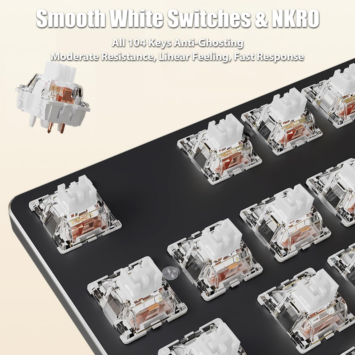 TISHLED Typewriter Style Mechanical Gaming Keyboard White LED Backlit 104-Key NKRO Retro Round Keycaps Golden Ring Volume Knob Metal Panel Wired USB-C Detachable Cable
