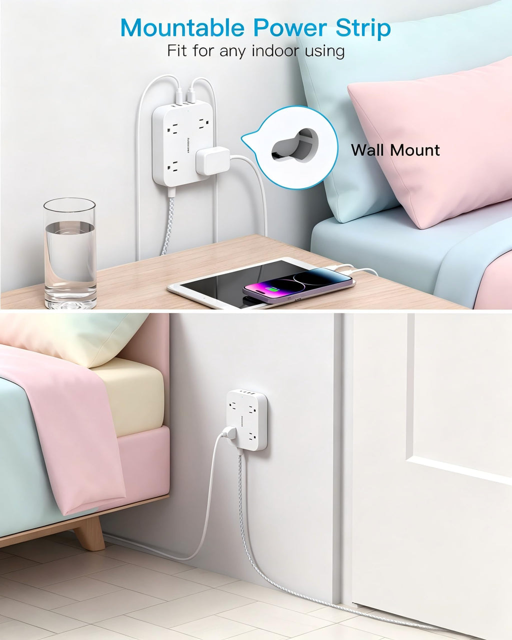 Flat Plug Power Strip with 4 USB Ports, 2 USB-C & 4 Outlets