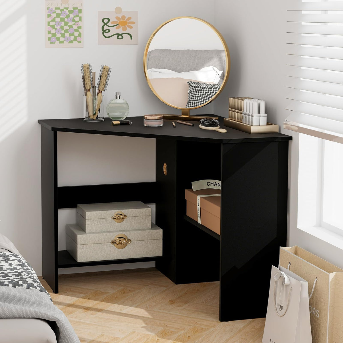 Tangkula Compact Corner Desk, Space Saving Wall Corner Study Desk w/Bookshelves, Cable Hole, Host Storage Shelf, 90° Triangle Writing Workstation for Limited Space