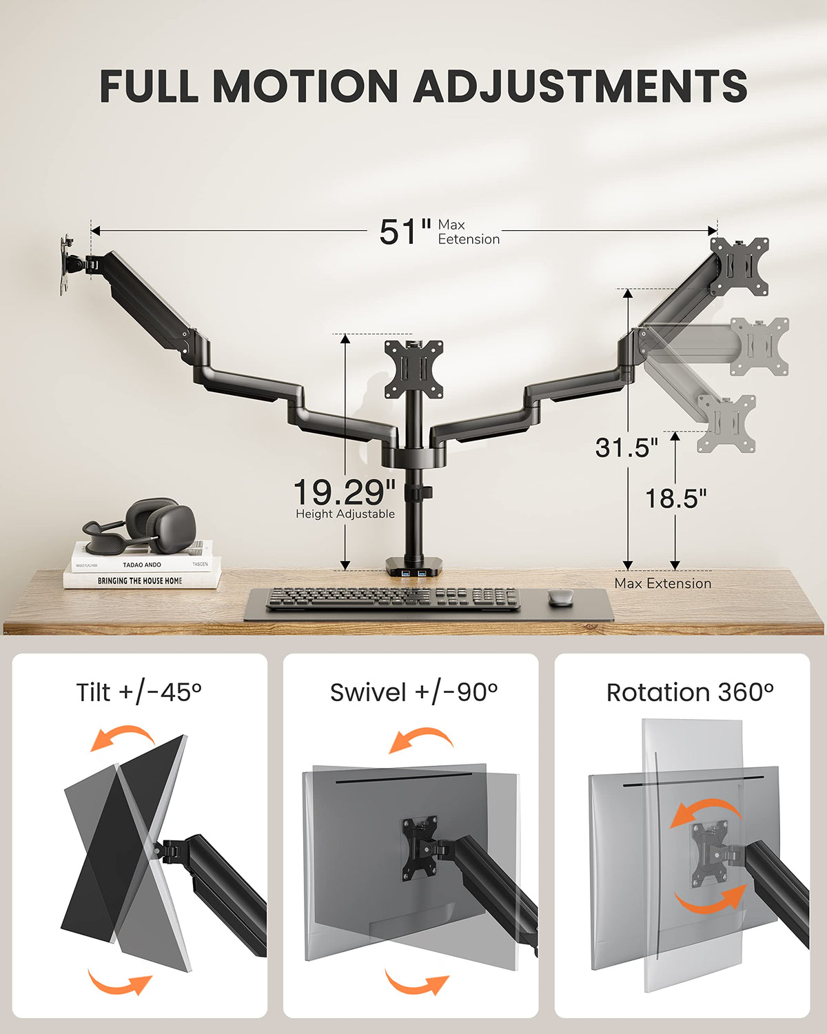 ErGear Triple Monitor Arm, Fully Adjustable Monitor Mount