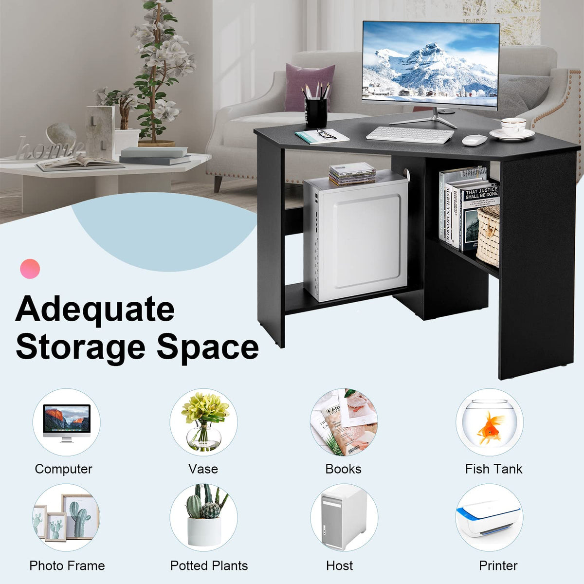 Tangkula Compact Corner Desk, Space Saving Wall Corner Study Desk w/Bookshelves, Cable Hole, Host Storage Shelf, 90° Triangle Writing Workstation for Limited Space