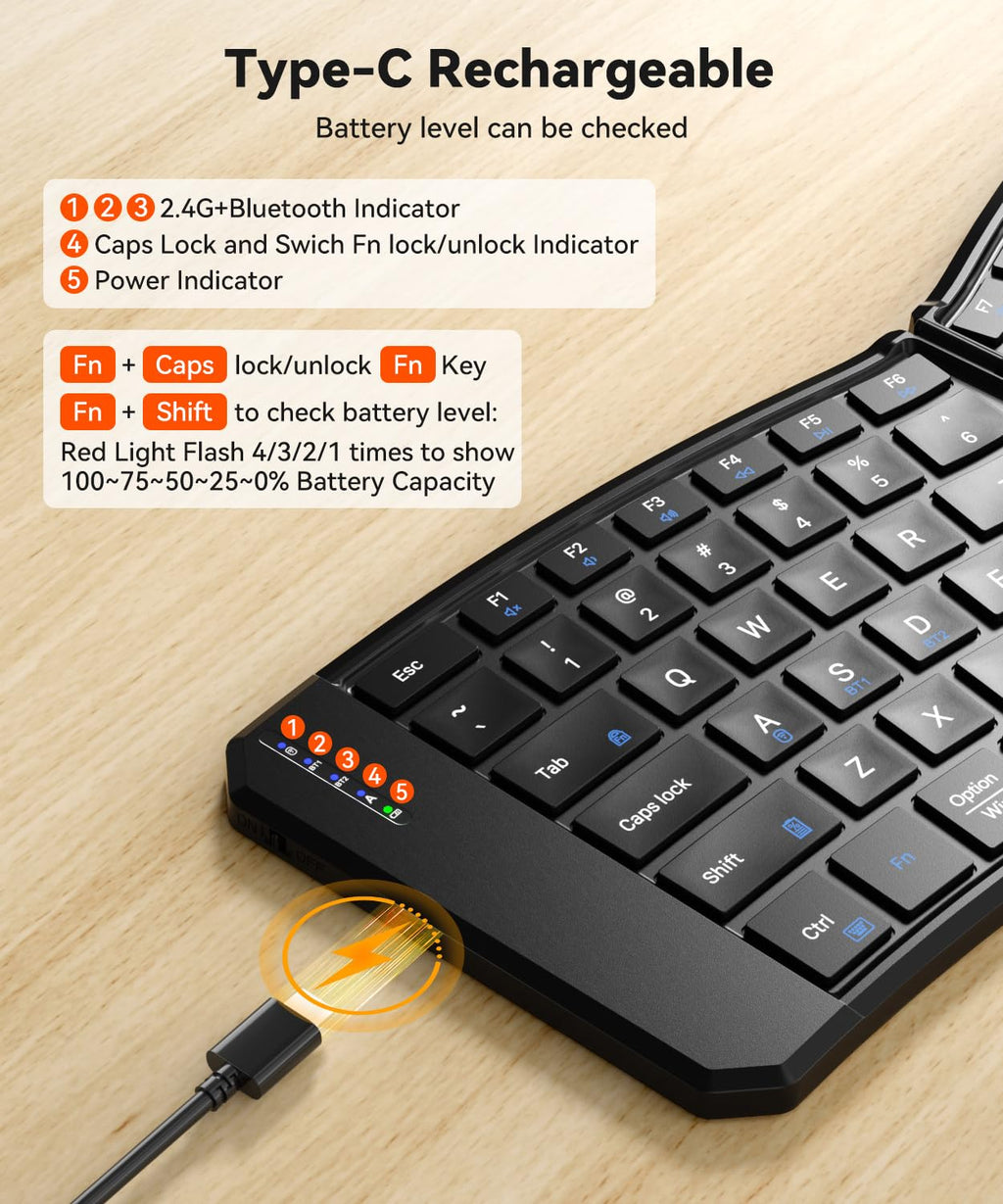 Omikamo Foldable Keyboard, Portable Folding Travel Bluetooth Keyboard for Business and Travel, Dual-Mode Ultra Slim Wireless Keyboards for Windows, iOS, Android, Use on the Leg
