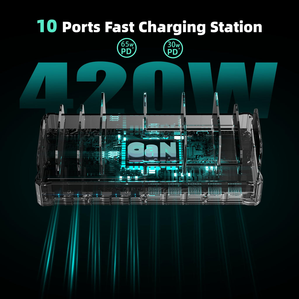 320W Charging Station for Multiple Devices, Zobirez 10-Port USB C Fast Charger Stations for MacBook, iPhone, Android Cell Phone, iPad, Tablet Family Multi-Device Organizer Charging Dock