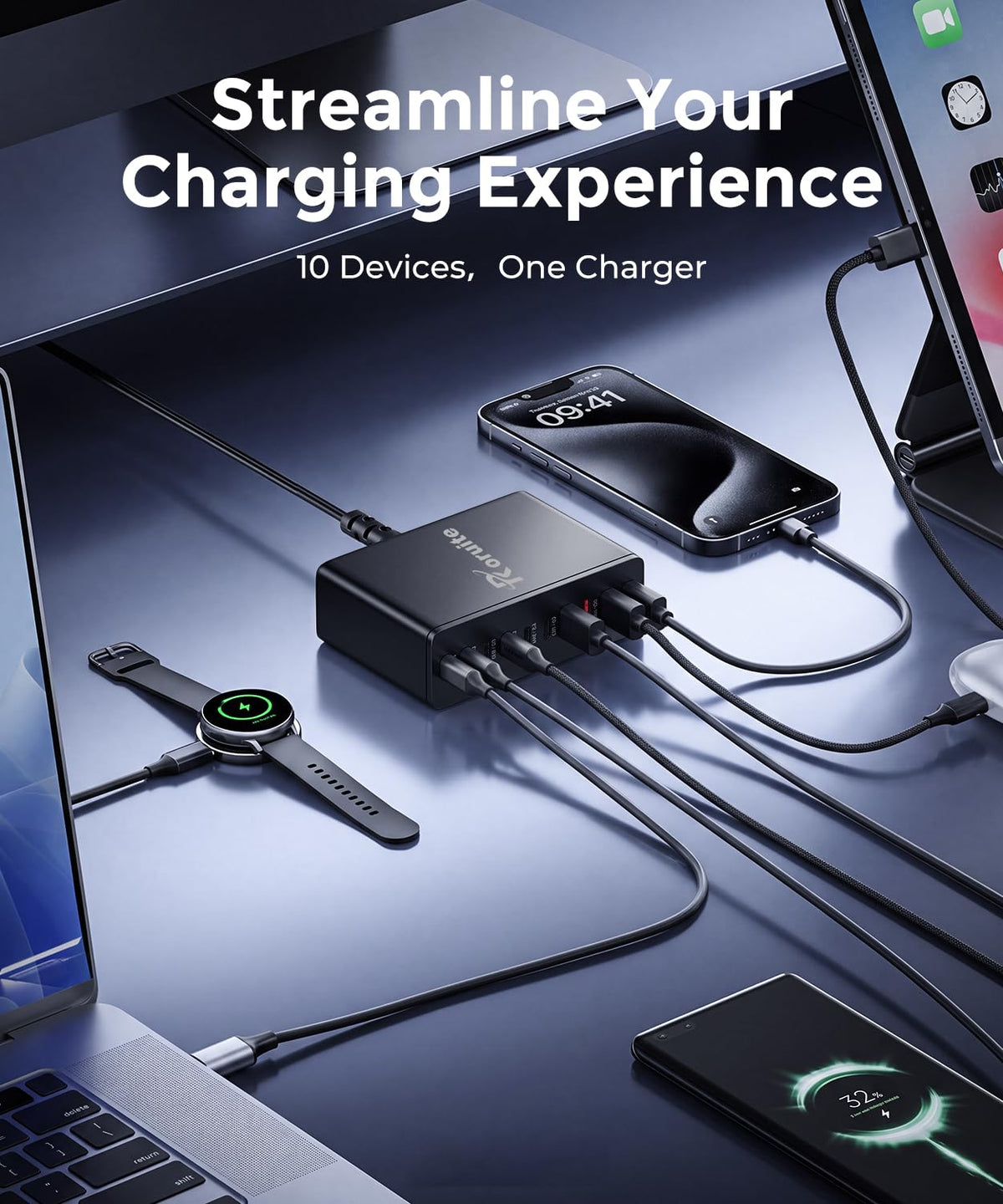200W Charging Station for Multiple Devices, 10-Port GaN USB C Charger Block, Laptop Fast Charger for iPhone, Galaxy, iPad, Android Black