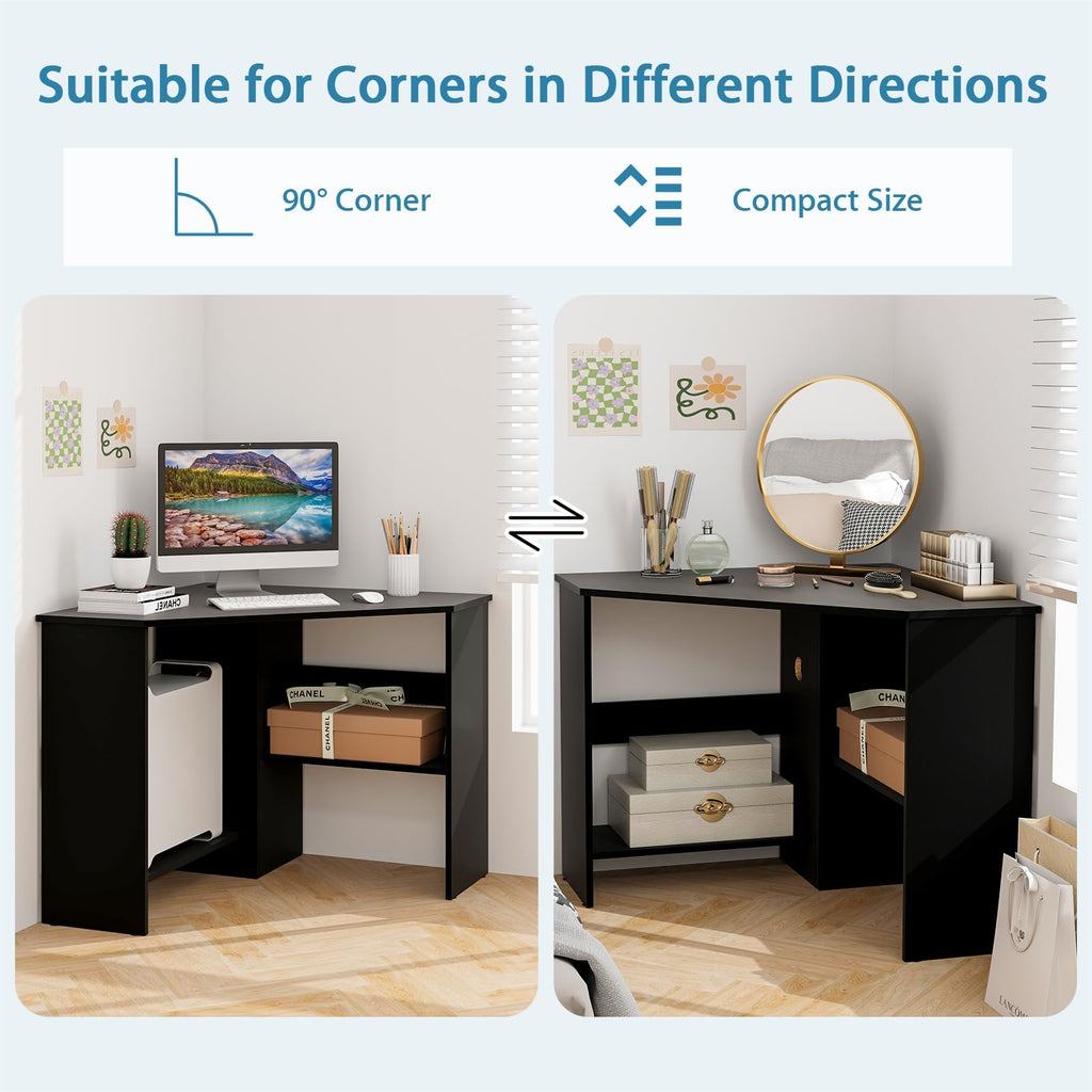 Tangkula Compact Corner Desk, Space Saving Wall Corner Study Desk w/Bookshelves, Cable Hole, Host Storage Shelf, 90° Triangle Writing Workstation for Limited Space