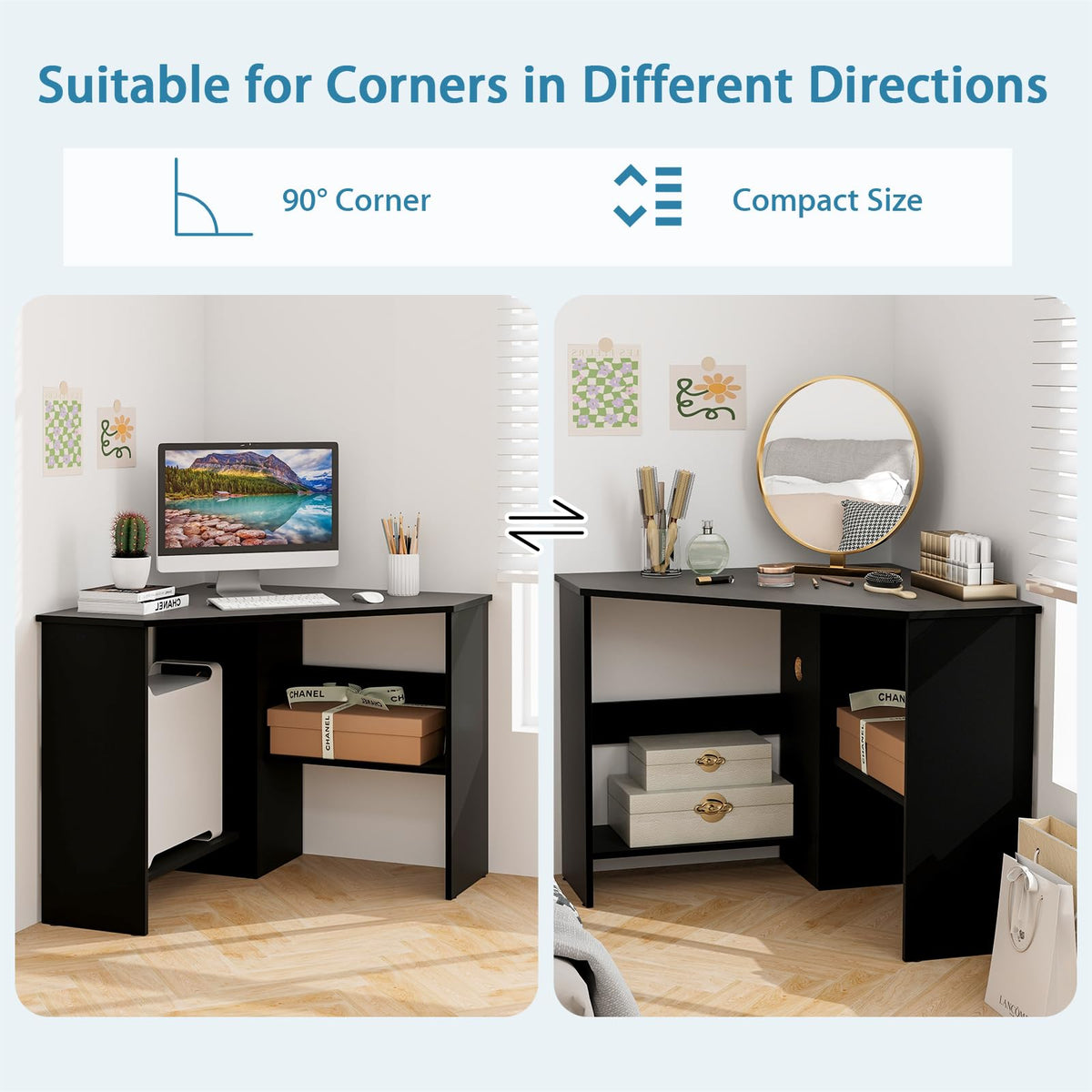 Tangkula Compact Corner Desk, Space Saving Wall Corner Study Desk w/Bookshelves, Cable Hole, Host Storage Shelf, 90° Triangle Writing Workstation for Limited Space