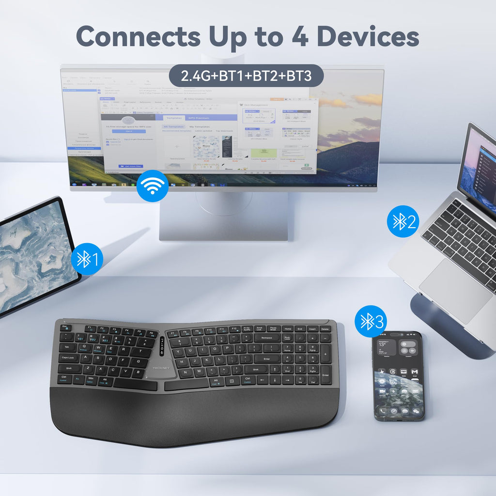 TECKNET Wireless Ergonomic Keyboard Rechargeable, 2.4G+Bluetooth Ergo Cordless USB Computer Keyboard, Wrist Rest, Natural Typing, Stain-Resistant Fabric