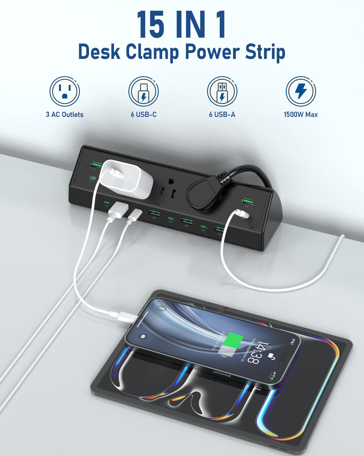 Desk Clamp Power Strip with 20W USB-C & 6-Foot Cord