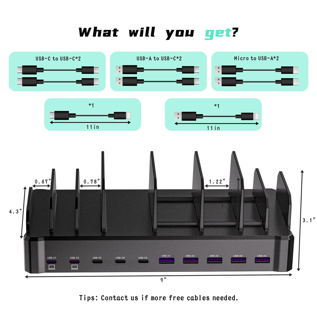 320W Charging Station for Multiple Devices, Zobirez 10-Port USB C Fast Charger Stations for MacBook, iPhone, Android Cell Phone, iPad, Tablet Family Multi-Device Organizer Charging Dock