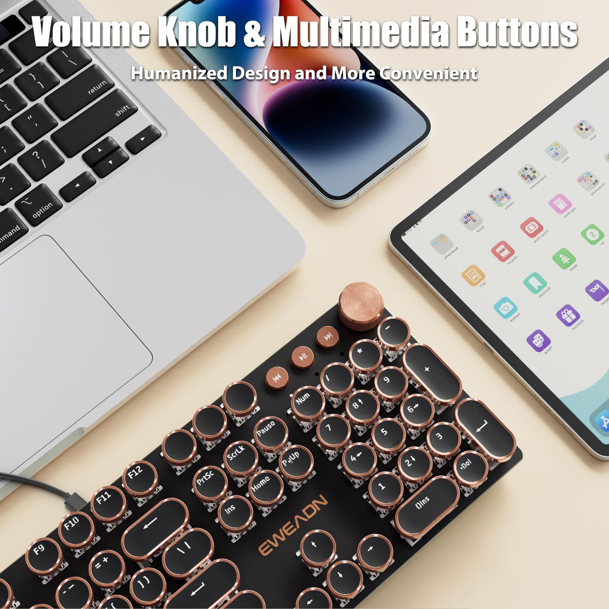 TISHLED Typewriter Style Mechanical Gaming Keyboard White LED Backlit 104-Key NKRO Retro Round Keycaps Golden Ring Volume Knob Metal Panel Wired USB-C Detachable Cable