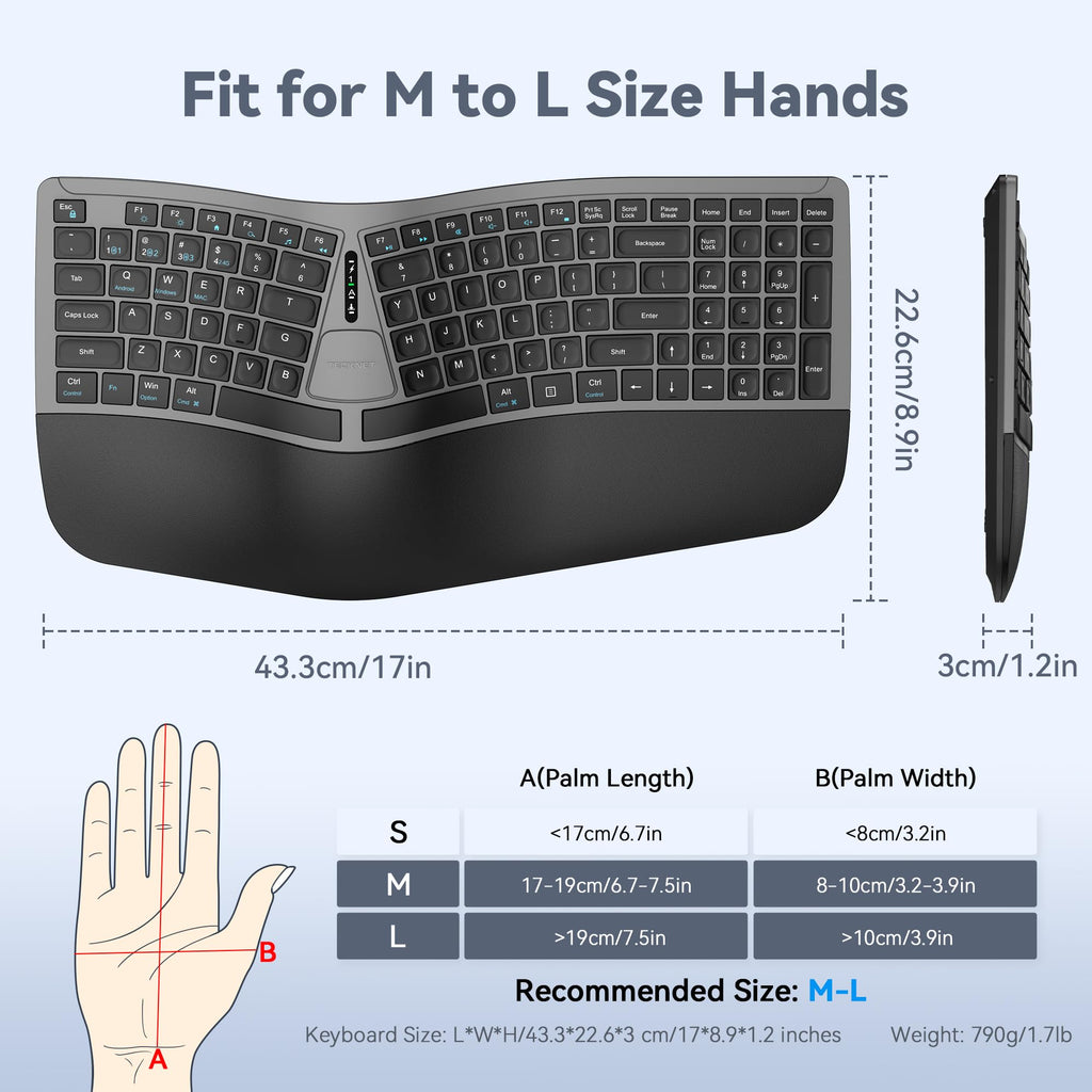 TECKNET Wireless Ergonomic Keyboard Rechargeable, 2.4G+Bluetooth Ergo Cordless USB Computer Keyboard, Wrist Rest, Natural Typing, Stain-Resistant Fabric