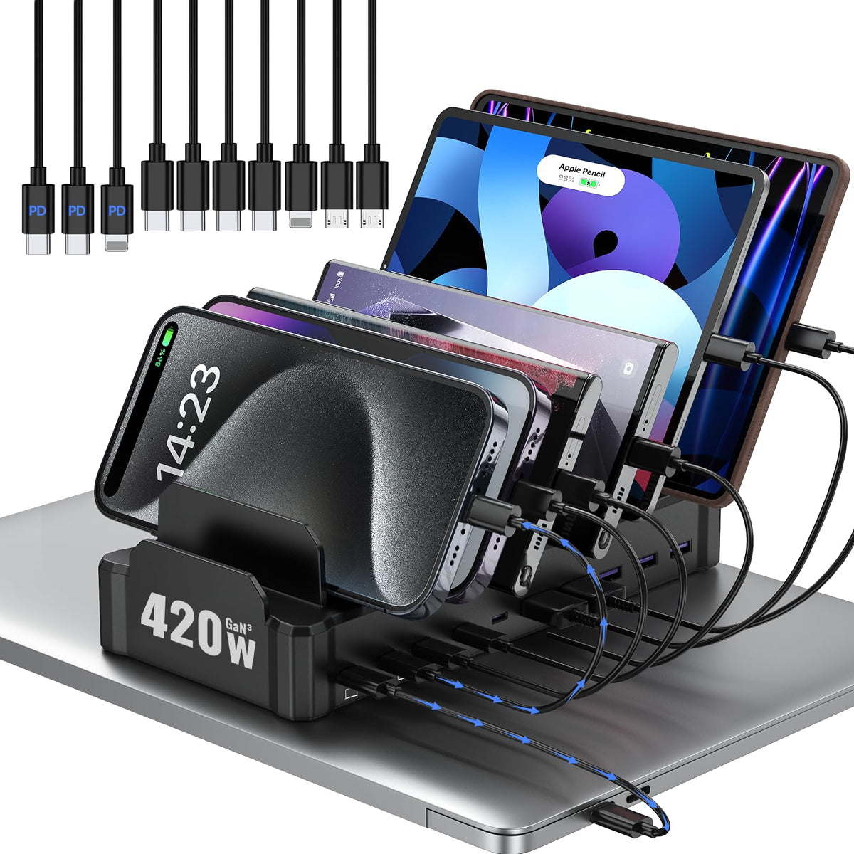 320W Charging Station for Multiple Devices, Zobirez 10-Port USB C Fast Charger Stations for MacBook, iPhone, Android Cell Phone, iPad, Tablet Family Multi-Device Organizer Charging Dock