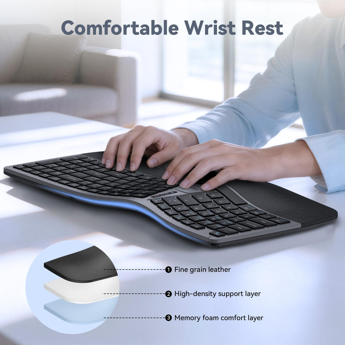 TECKNET Wireless Ergonomic Keyboard Rechargeable, 2.4G+Bluetooth Ergo Cordless USB Computer Keyboard, Wrist Rest, Natural Typing, Stain-Resistant Fabric
