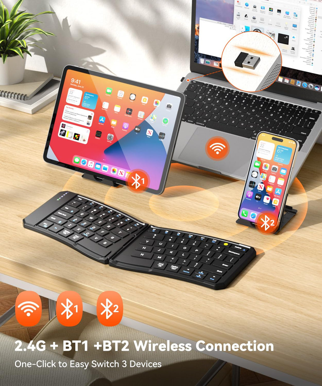 Omikamo Foldable Keyboard, Portable Folding Travel Bluetooth Keyboard for Business and Travel, Dual-Mode Ultra Slim Wireless Keyboards for Windows, iOS, Android, Use on the Leg
