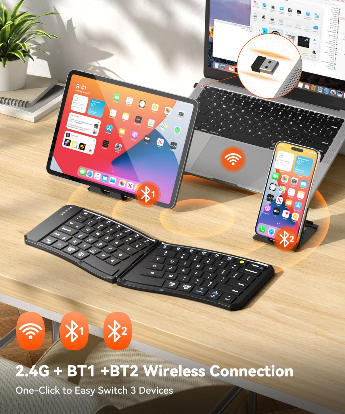 Omikamo Foldable Keyboard, Portable Folding Travel Bluetooth Keyboard for Business and Travel, Dual-Mode Ultra Slim Wireless Keyboards for Windows, iOS, Android, Use on the Leg