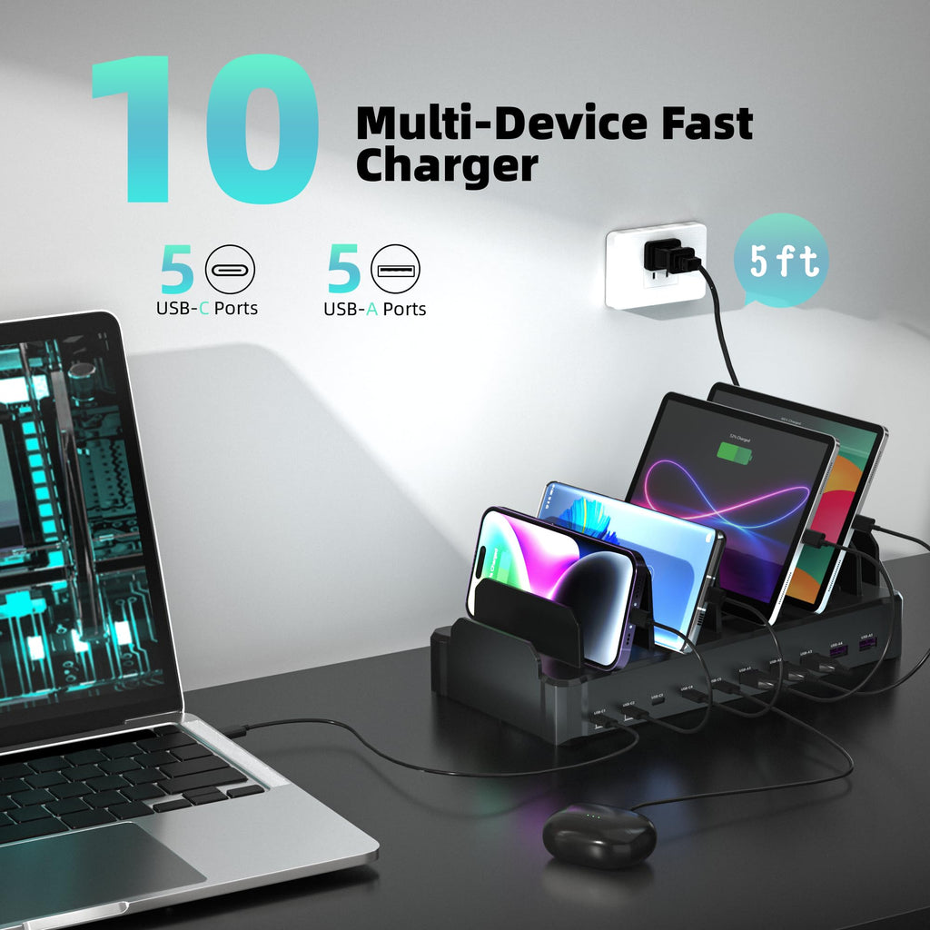 320W Charging Station for Multiple Devices, Zobirez 10-Port USB C Fast Charger Stations for MacBook, iPhone, Android Cell Phone, iPad, Tablet Family Multi-Device Organizer Charging Dock