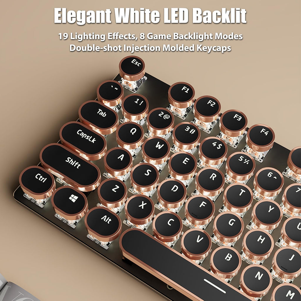TISHLED Typewriter Style Mechanical Gaming Keyboard White LED Backlit 104-Key NKRO Retro Round Keycaps Golden Ring Volume Knob Metal Panel Wired USB-C Detachable Cable