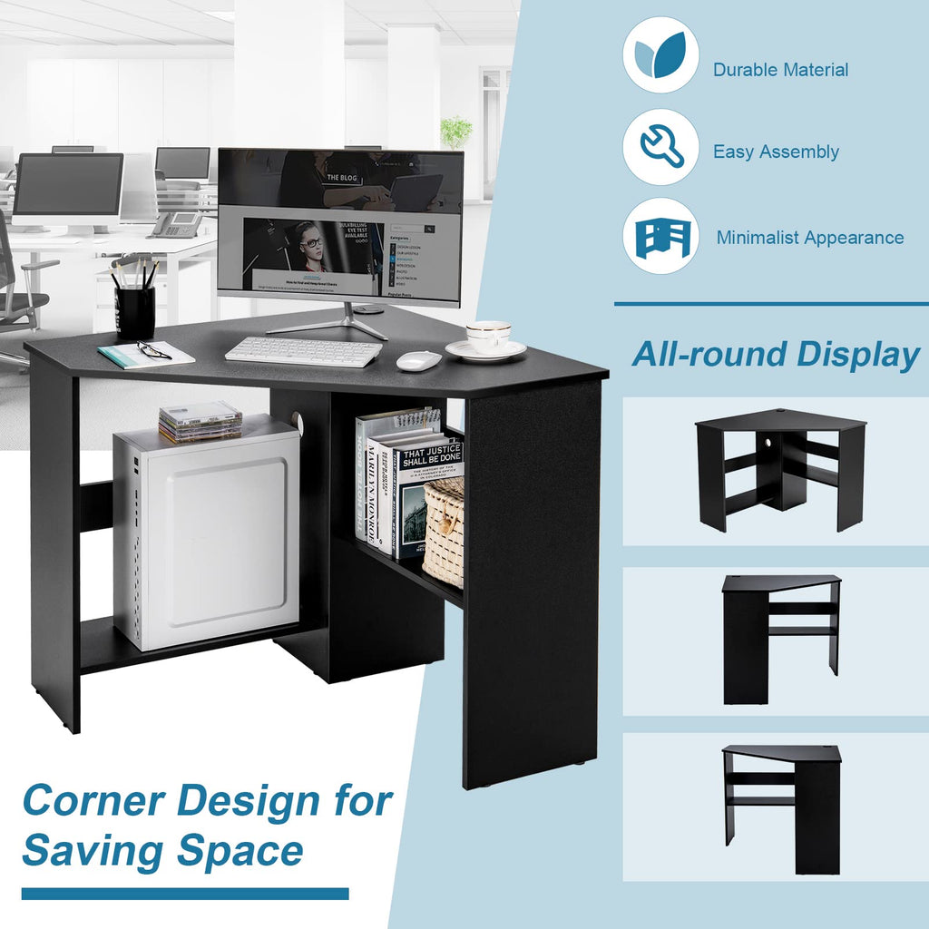 Tangkula Compact Corner Desk, Space Saving Wall Corner Study Desk w/Bookshelves, Cable Hole, Host Storage Shelf, 90° Triangle Writing Workstation for Limited Space
