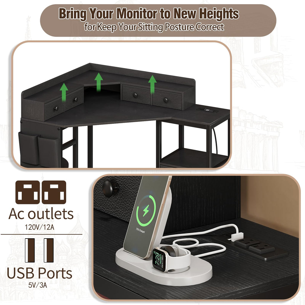 VENNQD Corner Desk with 6 Drawers Shelves for Small Space Computer Desk with Power Outlets,Gaming Desk with Printer Monitor Stand Storage for Home Office Workstation Writing Table