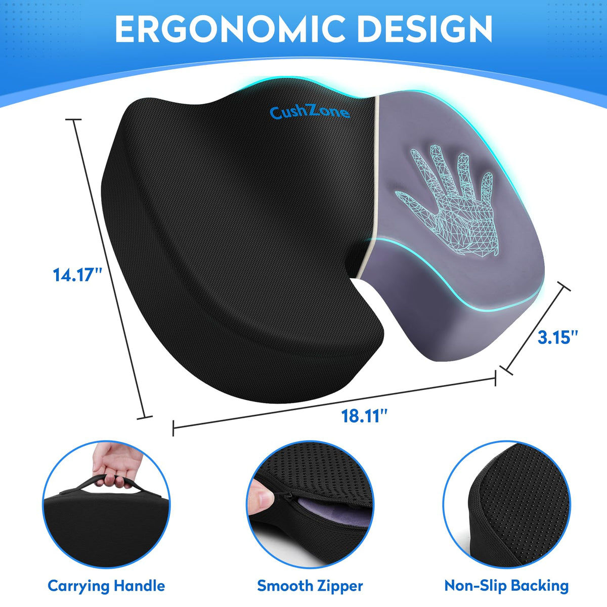 CushZone Memory Foam Seat Cushion for Office, Car & Wheelchair