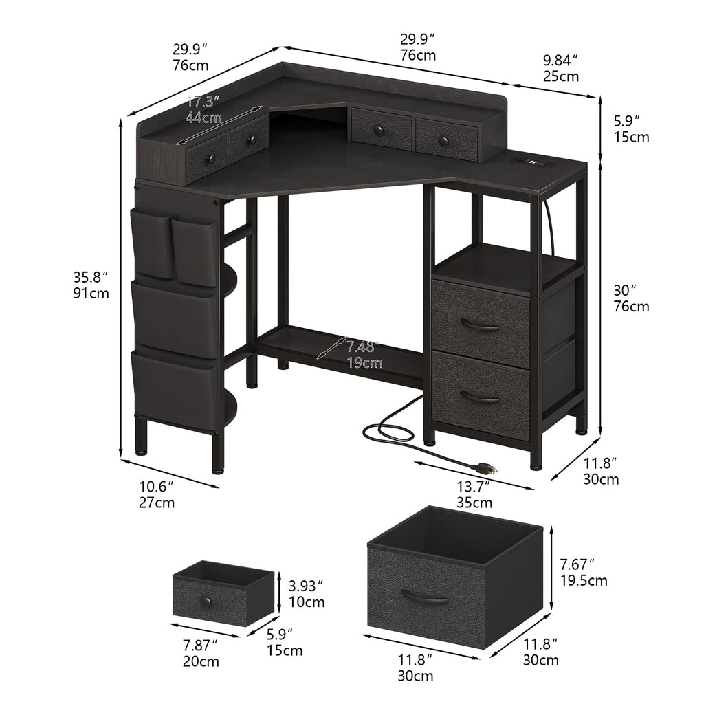 VENNQD Corner Desk with 6 Drawers Shelves for Small Space Computer Desk with Power Outlets,Gaming Desk with Printer Monitor Stand Storage for Home Office Workstation Writing Table
