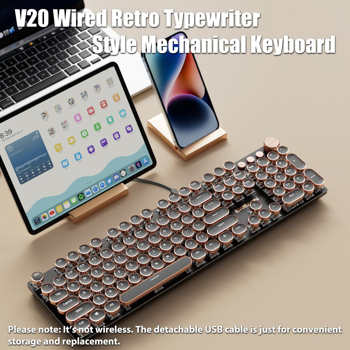 TISHLED Typewriter Style Mechanical Gaming Keyboard White LED Backlit 104-Key NKRO Retro Round Keycaps Golden Ring Volume Knob Metal Panel Wired USB-C Detachable Cable