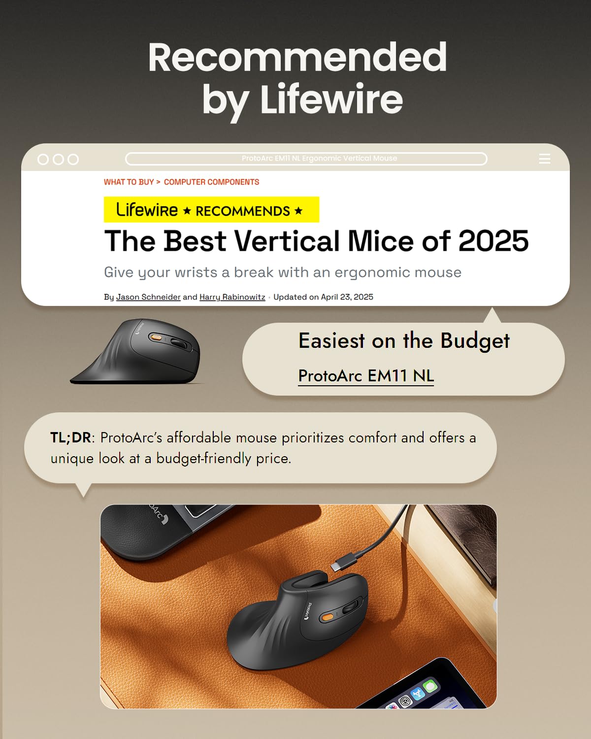 ProtoArc Vertical Mouse, EM11 NL Wireless Ergonomic Mouse, Rechargeable Optical Mice with Multi-Device (Bluetooth + Bluetooth + USB Connection), 3 Adjustable DPI for Computer, iPad, Mac, Windows