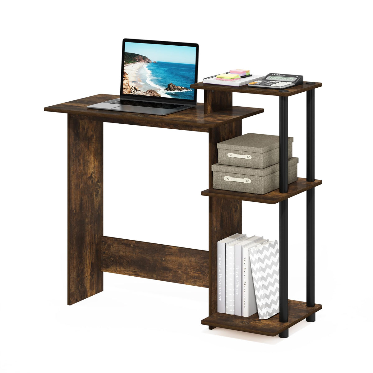 Furinno Compact Computer Desk, Gaming Desk with Shelves, Office Desk with Book Shelf