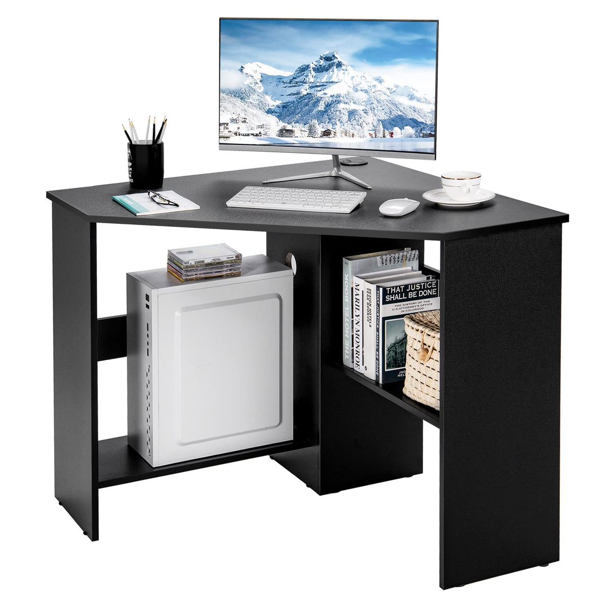 Tangkula Compact Corner Desk, Space Saving Wall Corner Study Desk w/Bookshelves, Cable Hole, Host Storage Shelf, 90° Triangle Writing Workstation for Limited Space