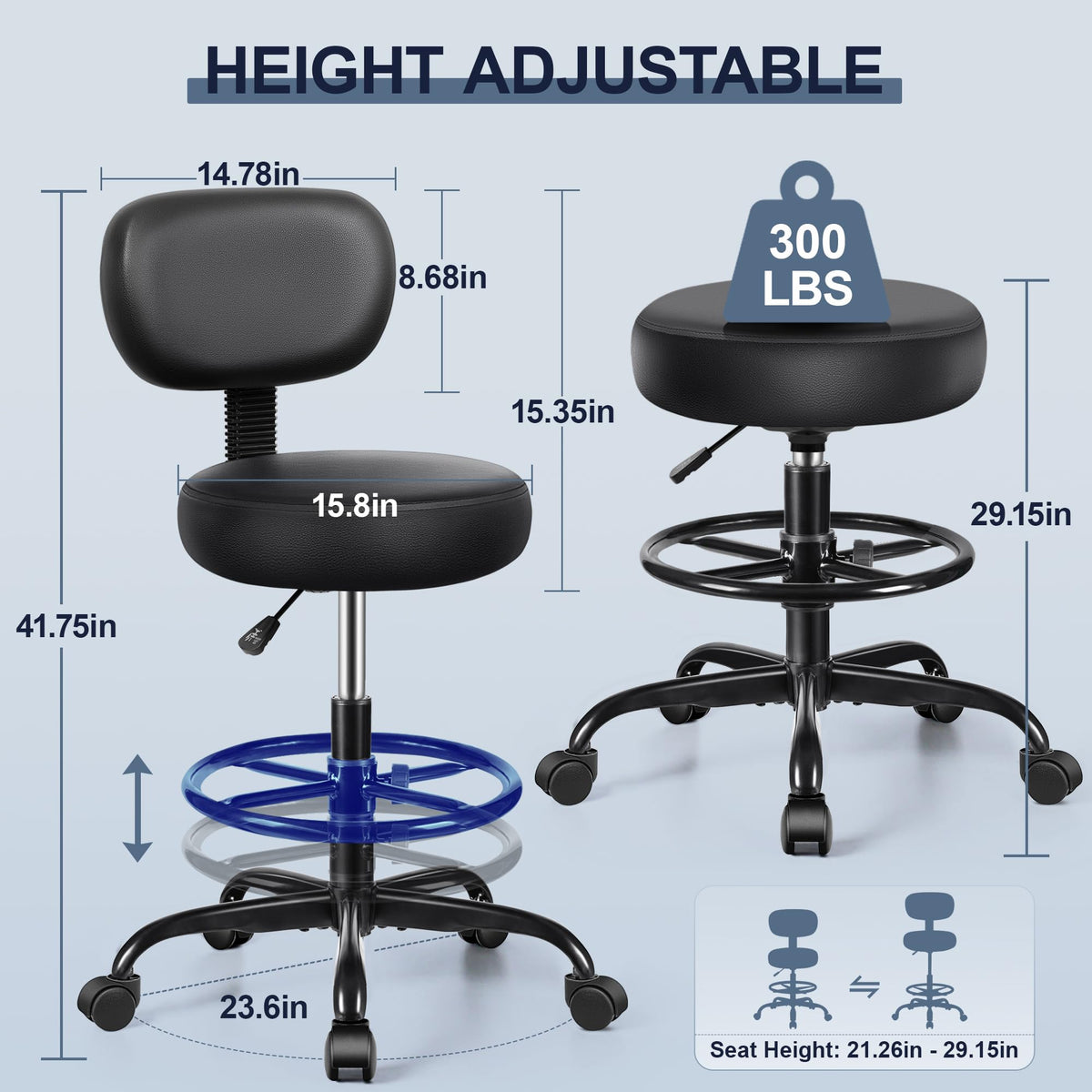 Brick Attic Drafting Chair with Backrest – Adjustable Foot Rest Rolling Stool with Wheels