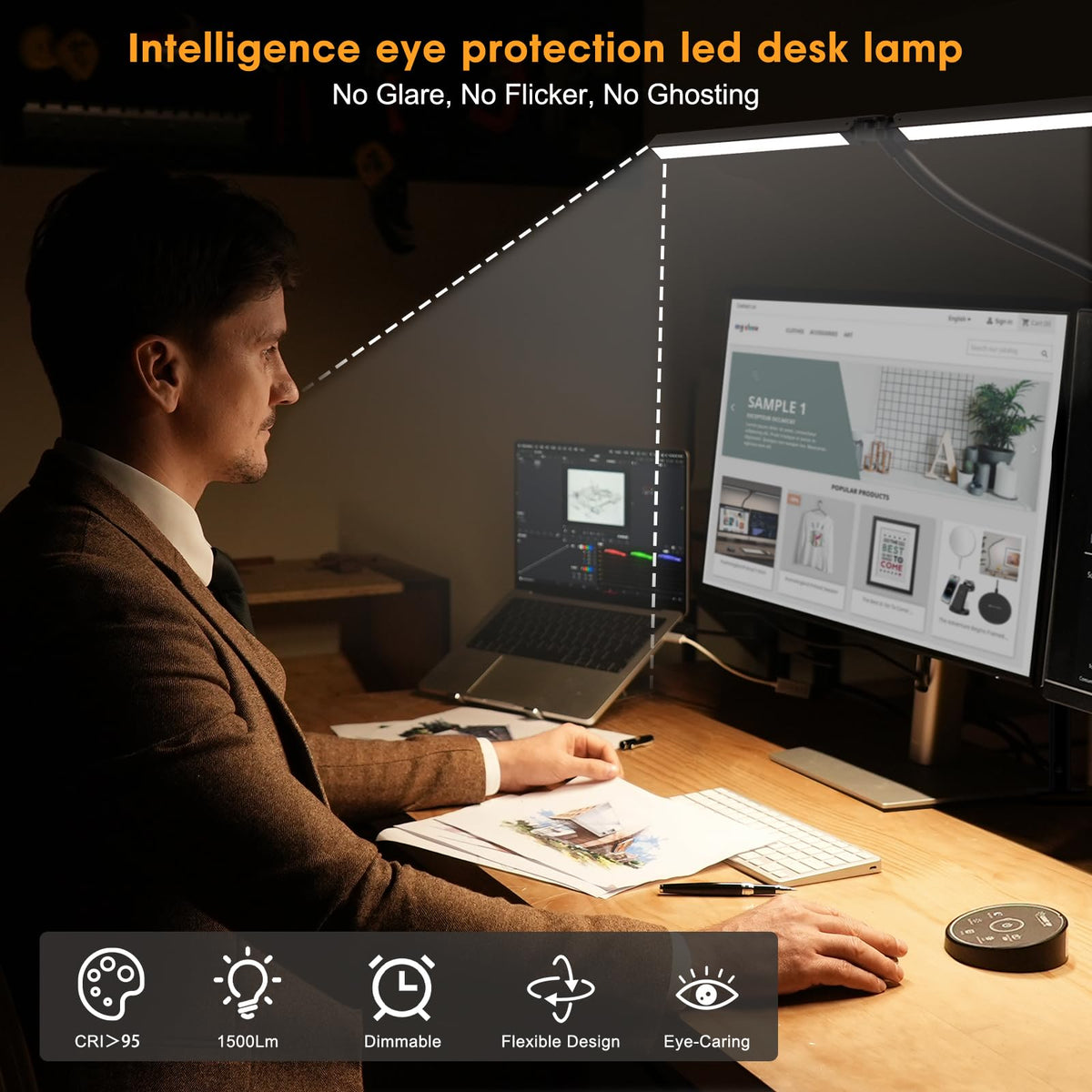 24W Dual-Monitor LED Desk Lamp with Clamp & 5 Color Modes