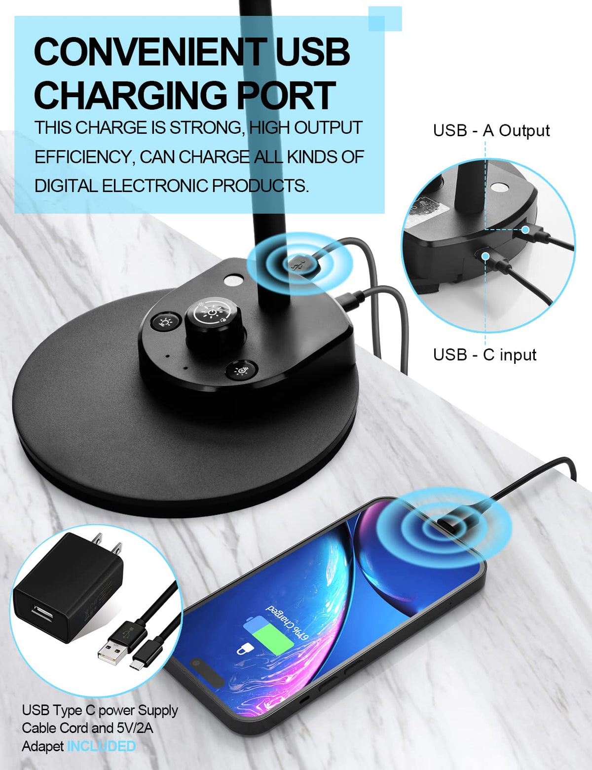 BOHON LED Desk Lamp with USB Charging & 3 Color Modes