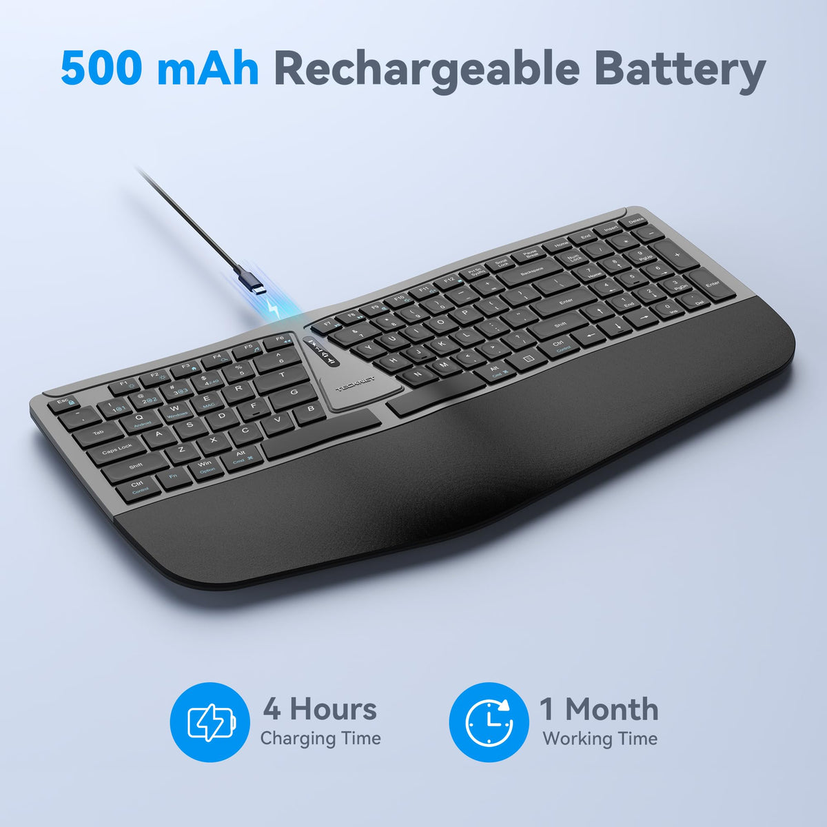 TECKNET Wireless Ergonomic Keyboard Rechargeable, 2.4G+Bluetooth Ergo Cordless USB Computer Keyboard, Wrist Rest, Natural Typing, Stain-Resistant Fabric