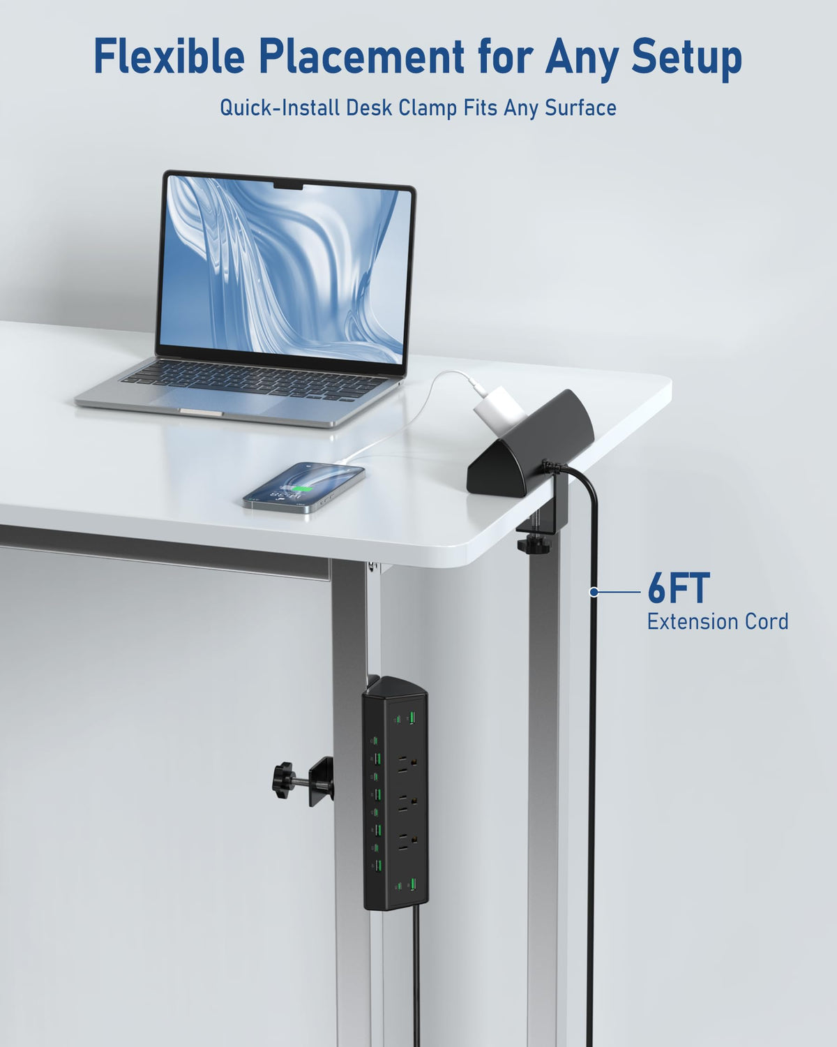 Desk Clamp Power Strip with 20W USB-C & 6-Foot Cord