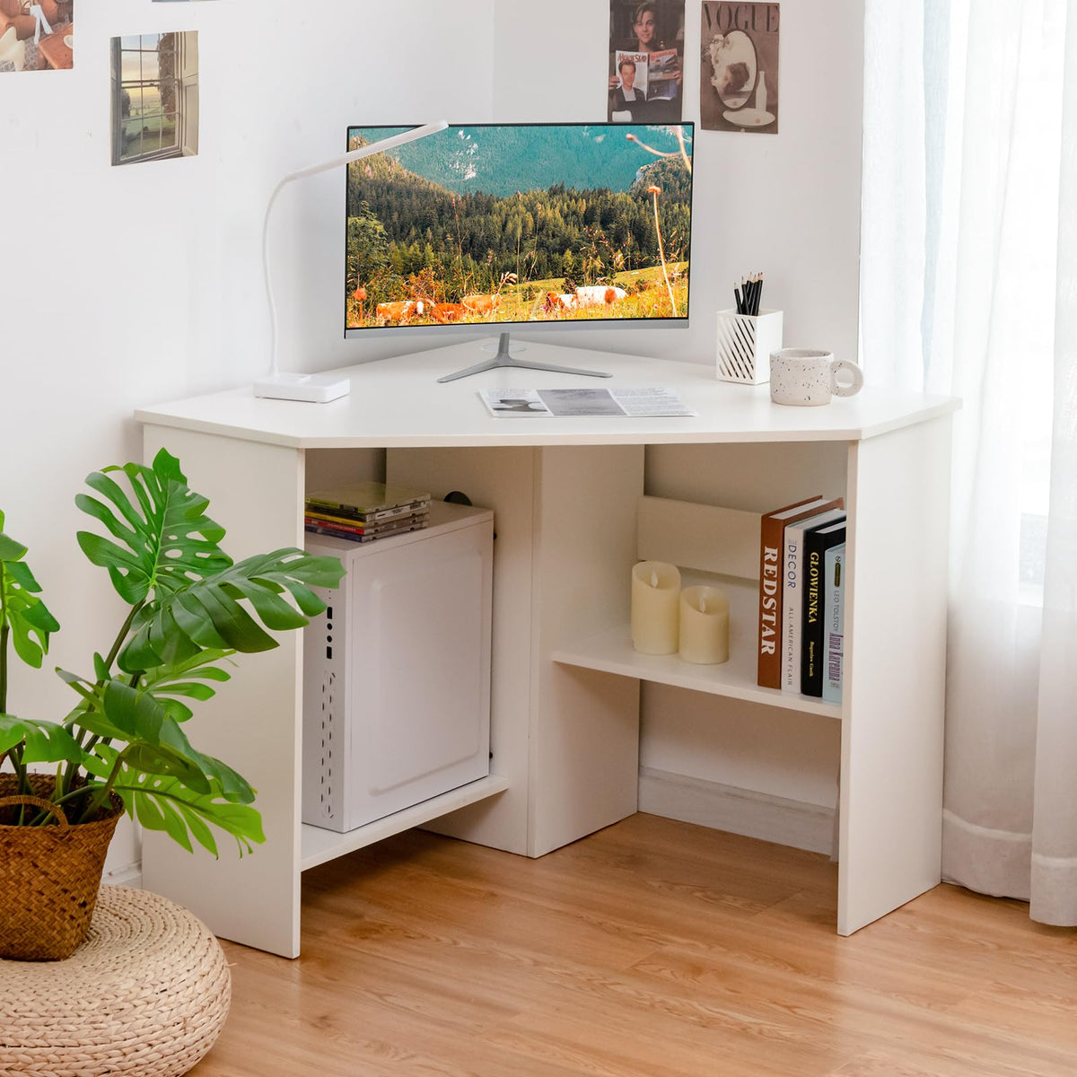 Tangkula Compact Corner Desk with Shelves & Cable Hole