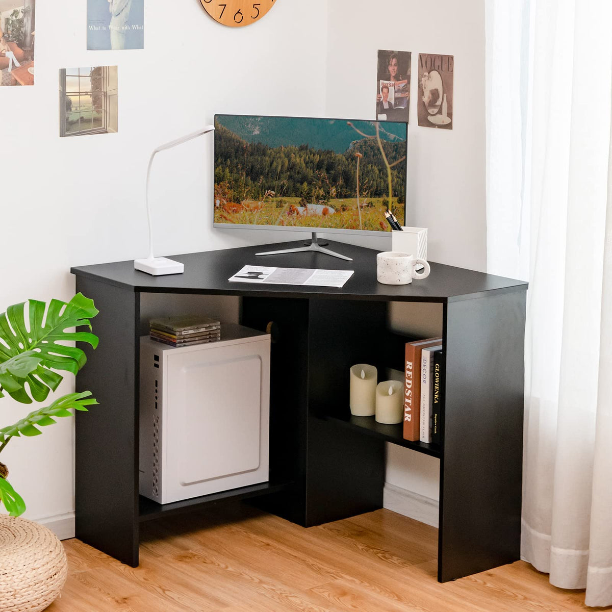 Tangkula Compact Corner Desk, Space Saving Wall Corner Study Desk w/Bookshelves, Cable Hole, Host Storage Shelf, 90° Triangle Writing Workstation for Limited Space