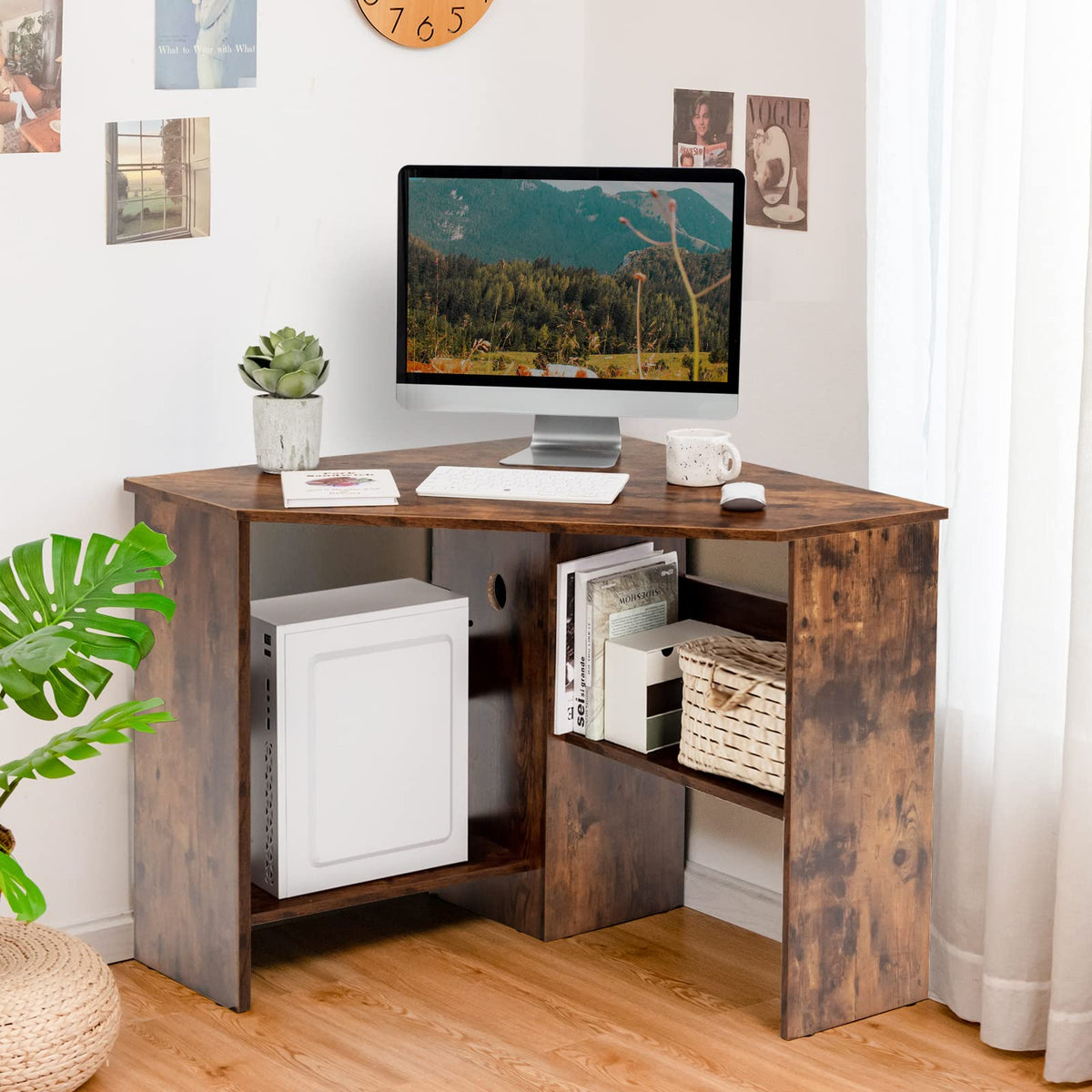 Tangkula Compact Corner Desk with Shelves & Cable Hole
