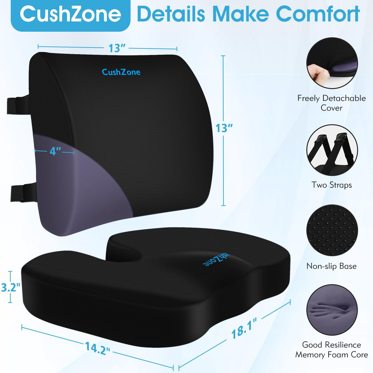 CushZone Memory Foam Seat & Lumbar Support Cushion Set
